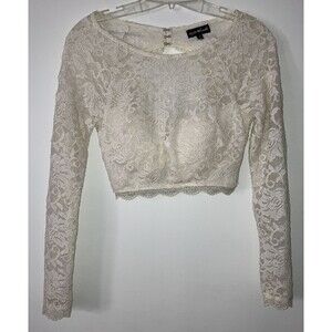 Sequin Hearts Womens SZ 7 Ivory Lace Metallic Crop Top Blouse Long Sleeve Fairy